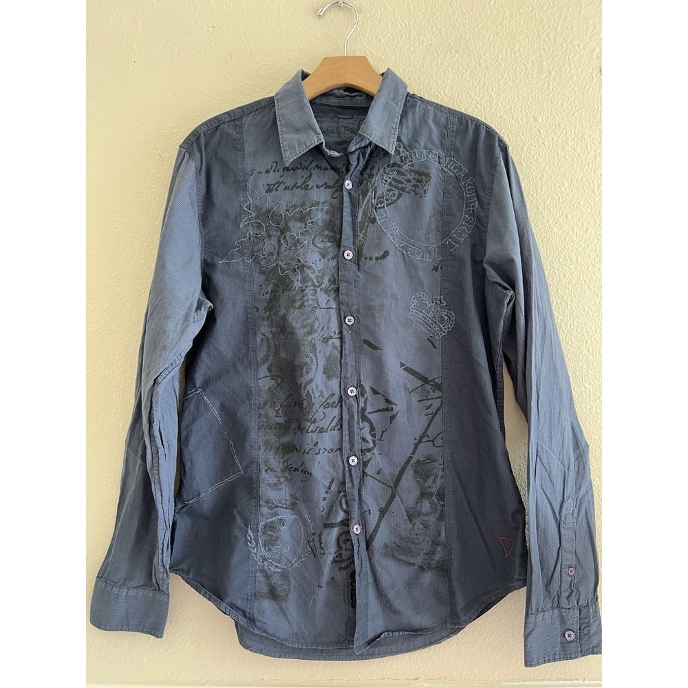 Vintage GUESS Mens Small Y2K Cyber Grunge Graphic Print Button Up Shirt